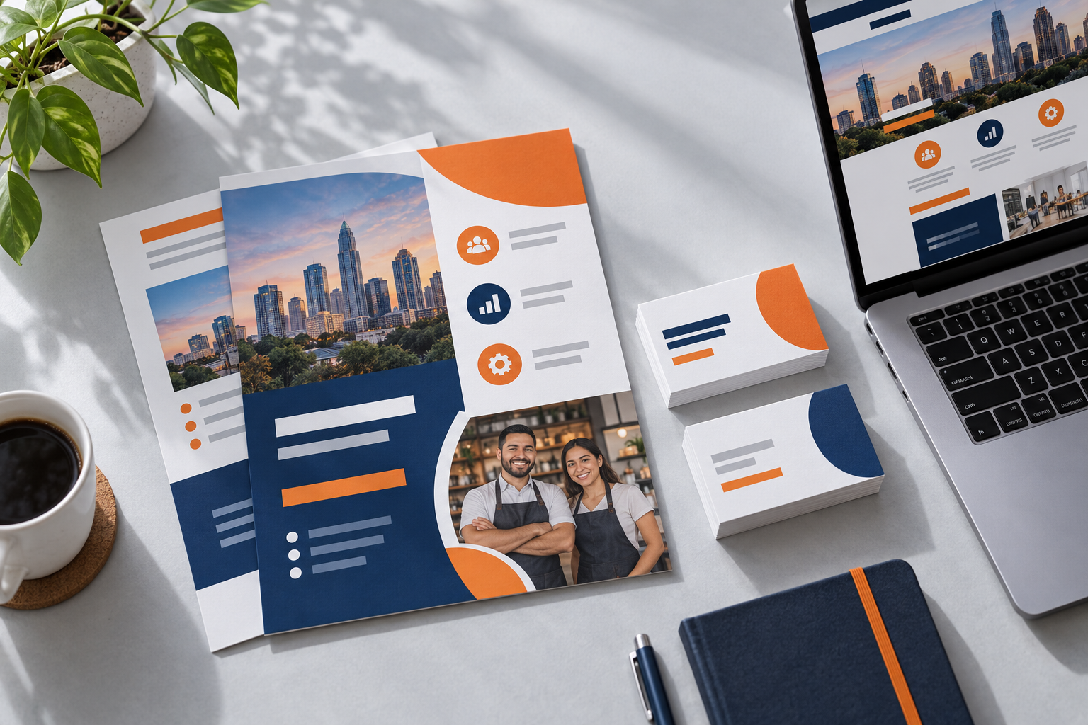 Ejemplo ilustrativo de una identidad visual aplicada a una web, tarjetas y volantes